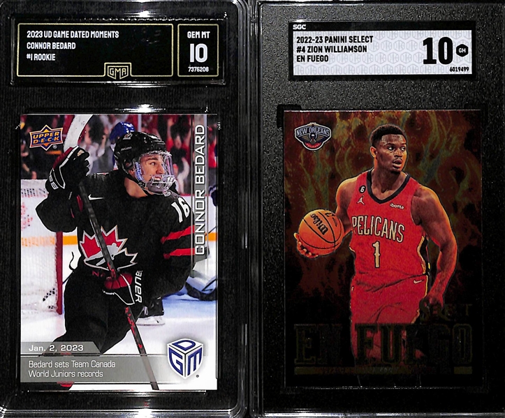 (10) Sports Cards inc. Mostly Basketball Cards - 2023 Upper Deck Game Dated Moments Connor Bedard Rookie (GMA 10), 2022-23 Select Zion Williamson En Fuego (SGC 10), +